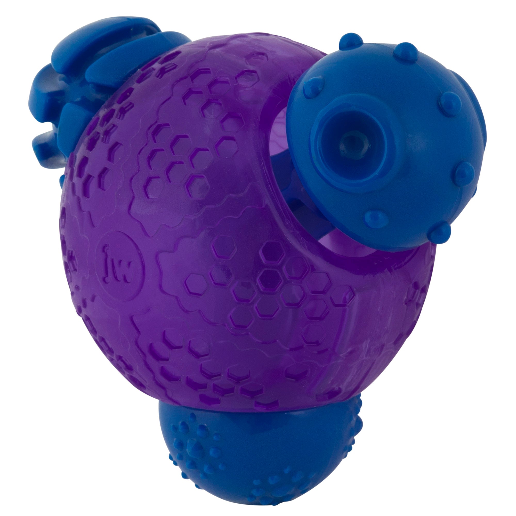 Introducing the JW Gnawberry Chew-ee Dental Dog Toy by Jw: a textured purple and blue toy with rounded spikes, honeycomb patterns, and interlocking shapes. Its hollow center dispenses treats, perfect for dental cleaning while keeping your pup entertained.