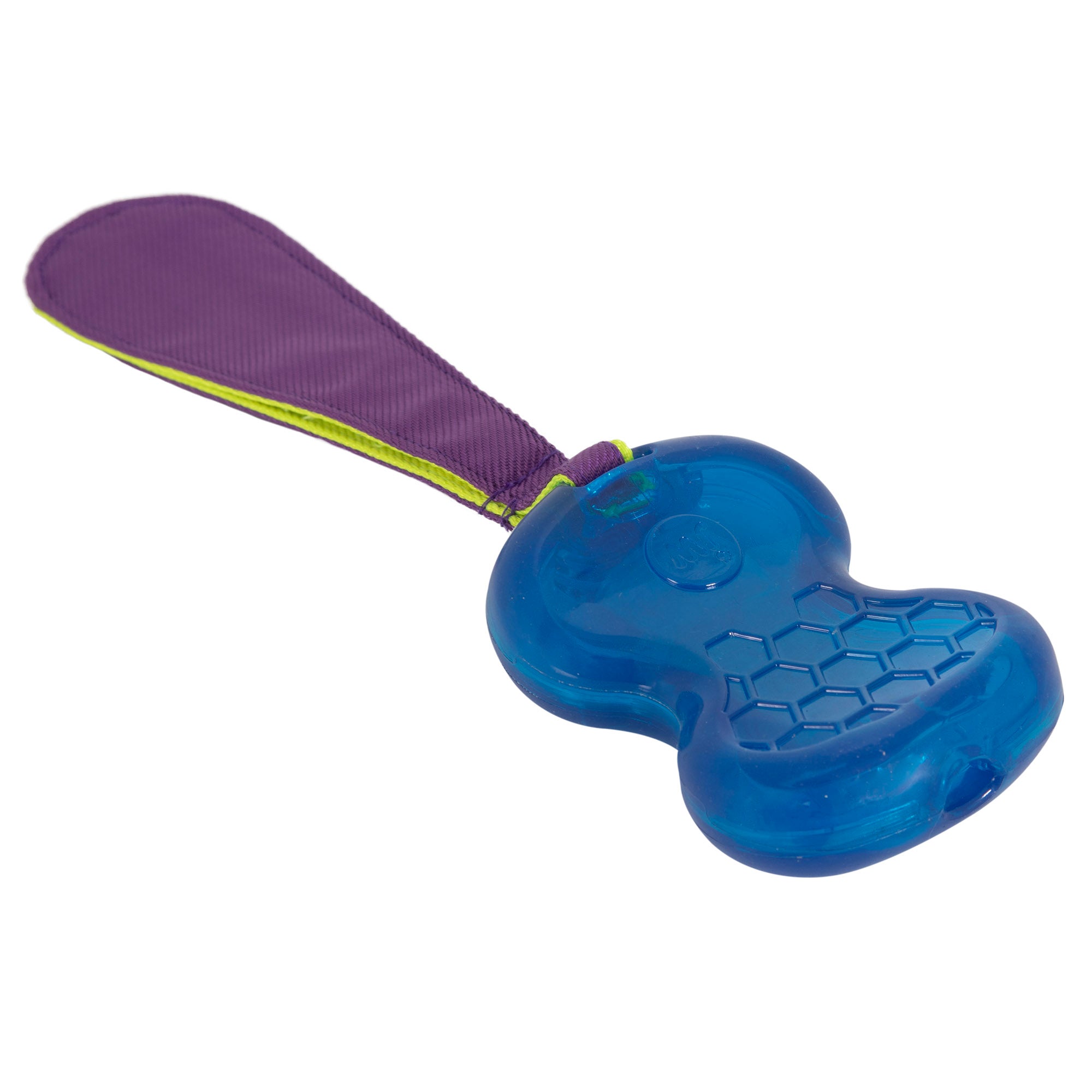 The JW Crackle-ee Tails dog toy by Jw boasts a durable blue, bone-shaped design with a hexagonal pattern in Megalastomer rubber, connected to a purple fabric handle for endless fun.