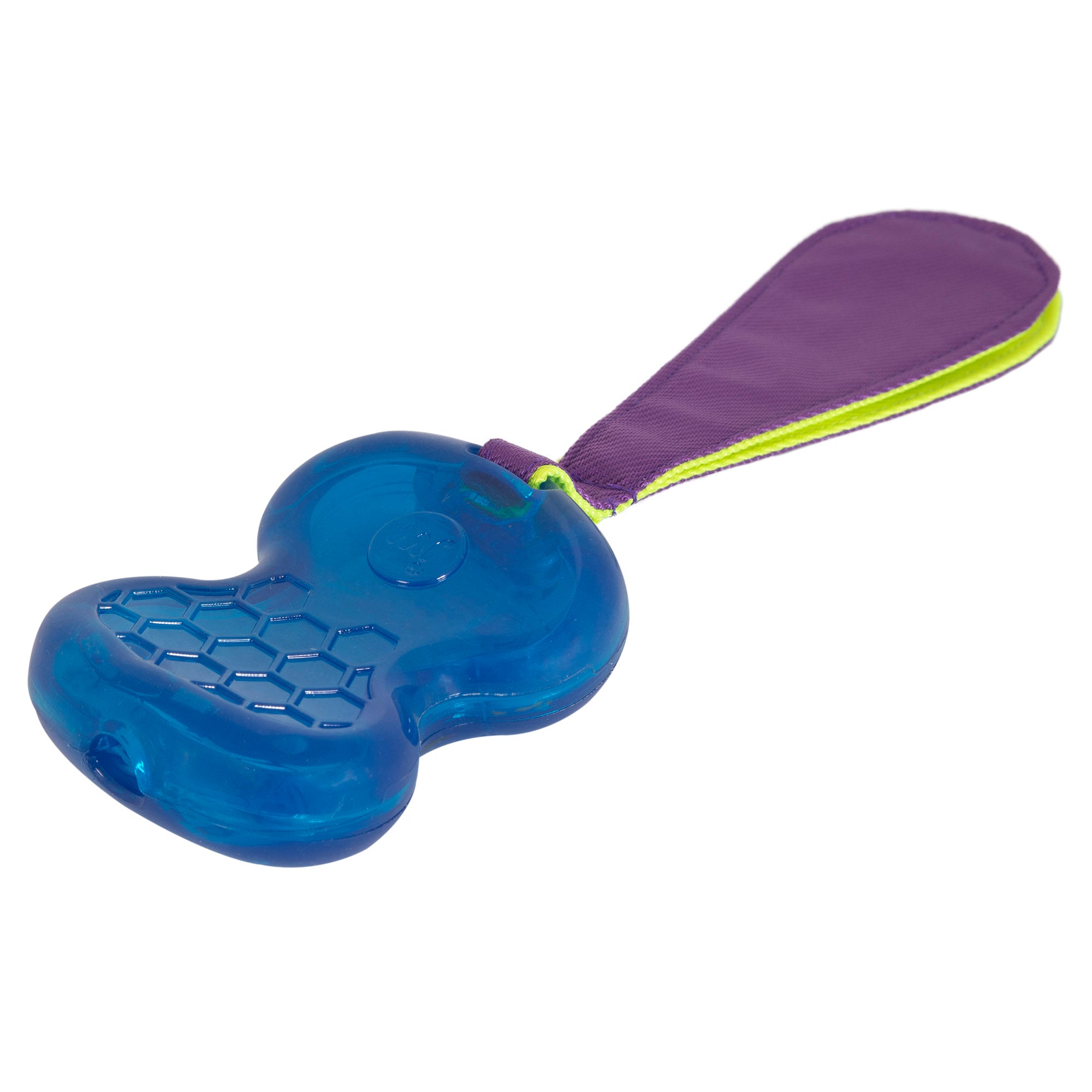 This blue bone-shaped JW Crackle-ee Tails dog toy, by Jw, is made from durable Megalastomer rubber with a hexagonal pattern. The attached handle features playful purple and green fabric.