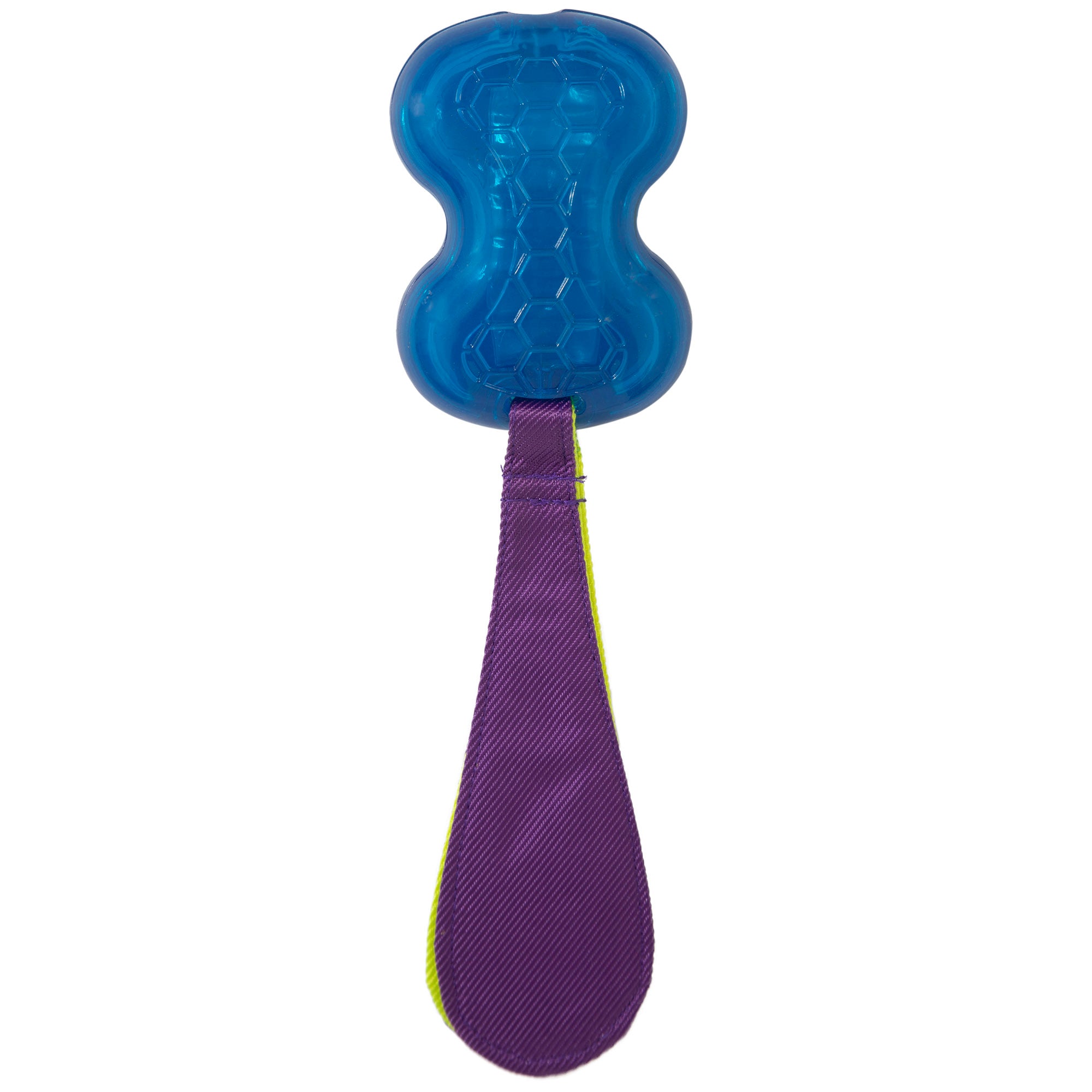 Introducing the JW Crackle-ee Tails by Jw: a blue Megalastomer rubber dog toy shaped like a dumbbell, featuring a honeycomb pattern with a purple fabric tail. Its elongated, spoon-like tail ensures enduring playtime enjoyment.
