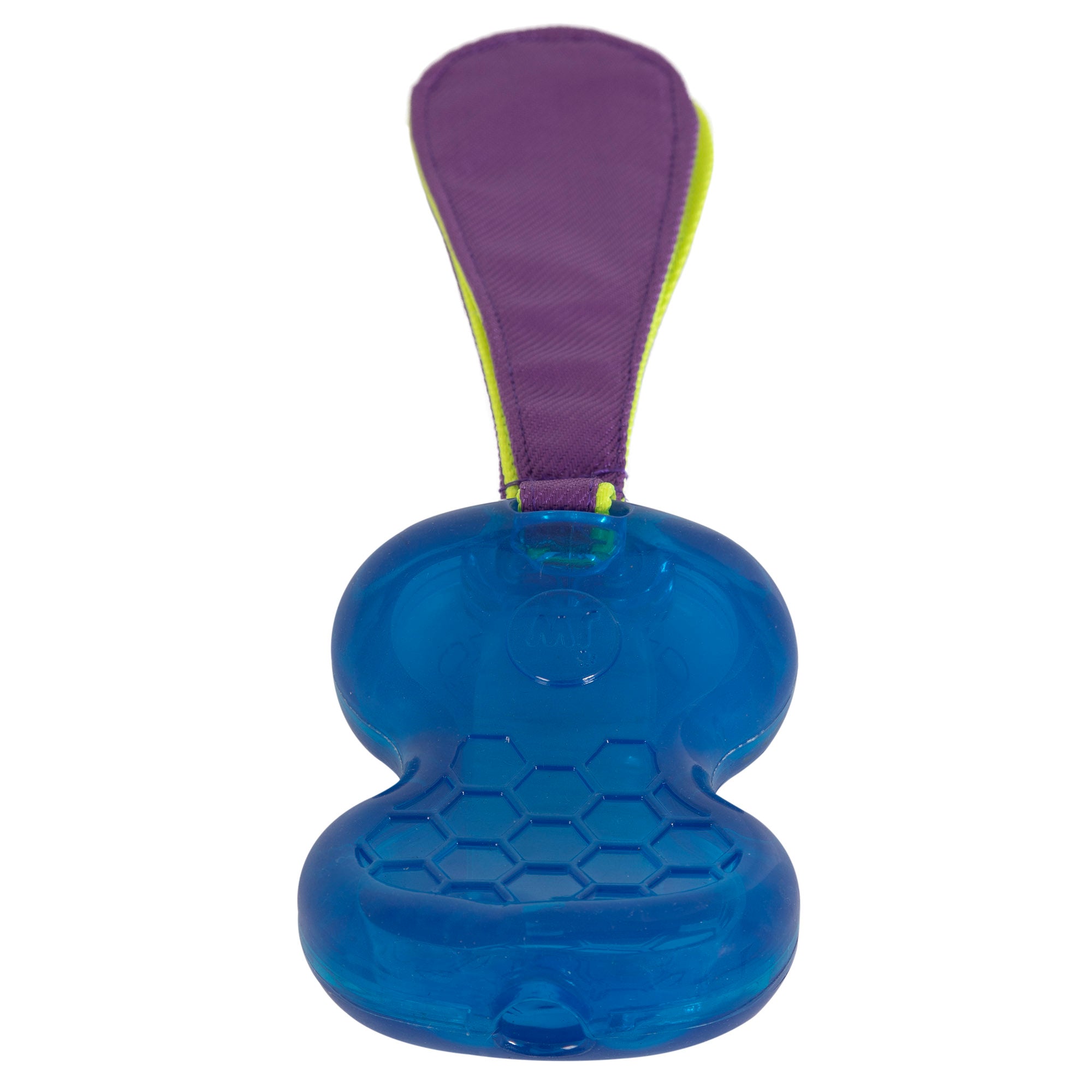 The JW Crackle-ee Tails by Jw is a blue, bone-shaped dog toy made of durable Megalastomer rubber, featuring a textured surface and a vivid purple and lime green fabric strap.
