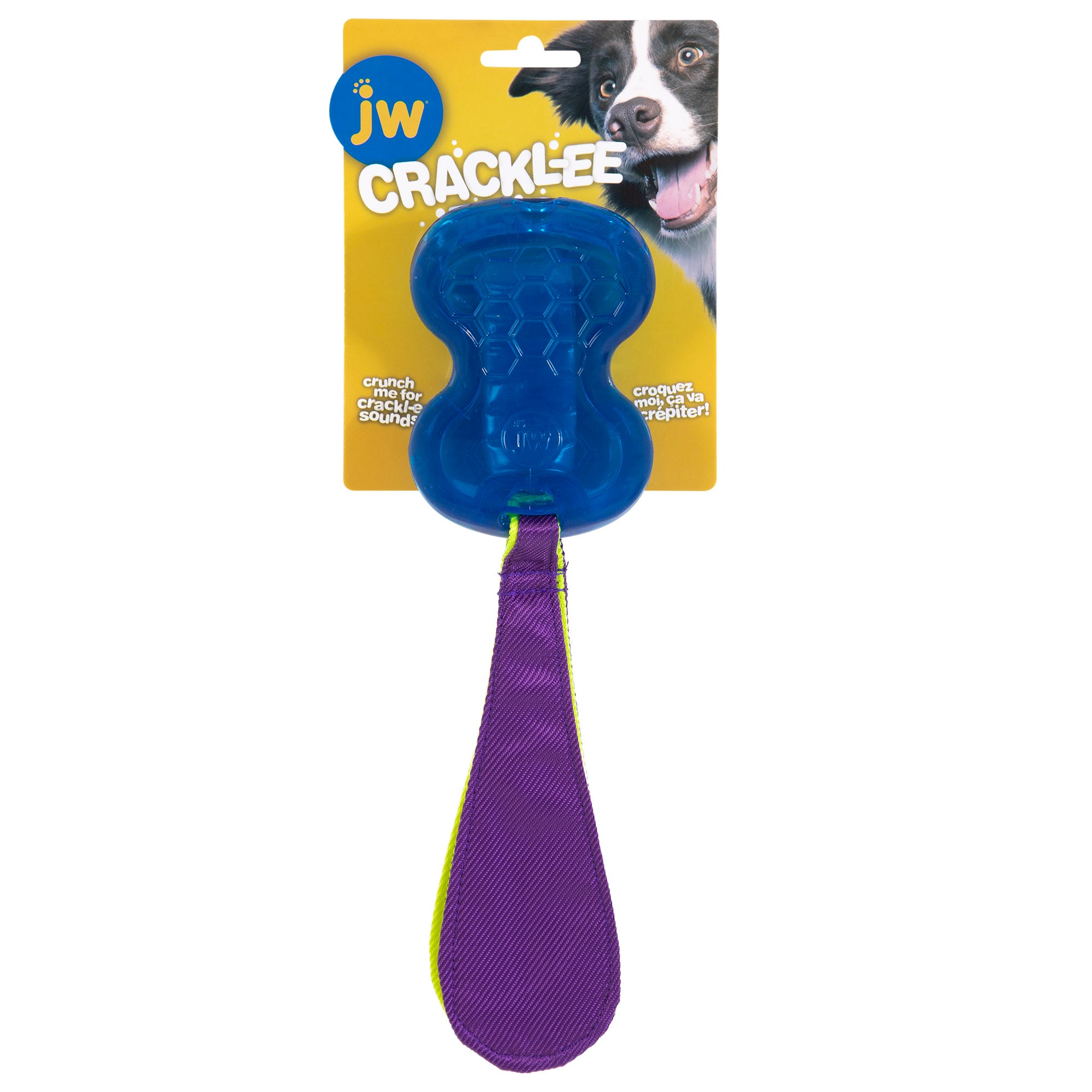 The JW Crackle-ee Tails, a blue dog chew toy with a purple handle, is made of durable Megalastomer rubber. The packaging features a happy dogs face and the vibrant yellow design with white text highlights the fun appeal of this worthwhile pet toy.