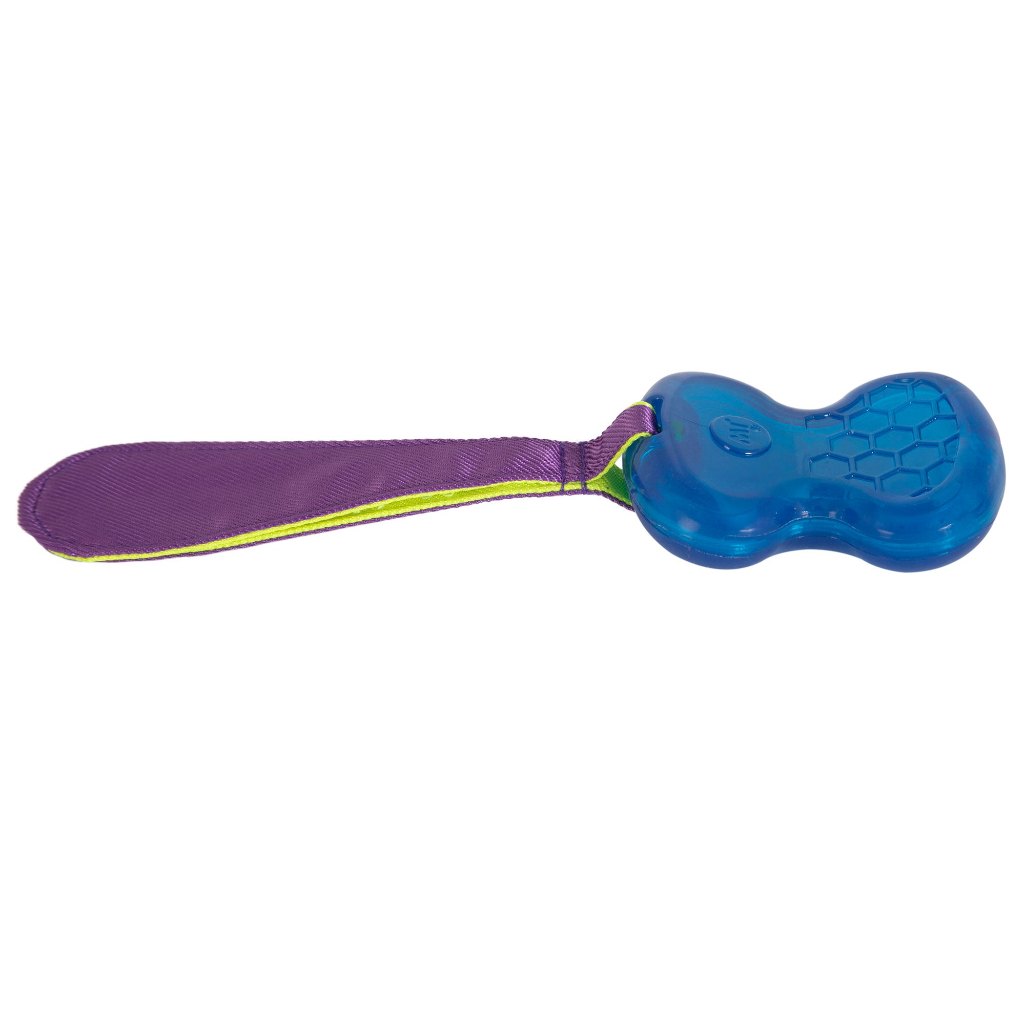 Introducing the JW Crackle-ee Tails by Jw: a blue chew toy made from durable Megalastomer rubber with a textured figure-eight design, featuring a smooth purple and green handle for comfortable gripping and endless fun with your pup.