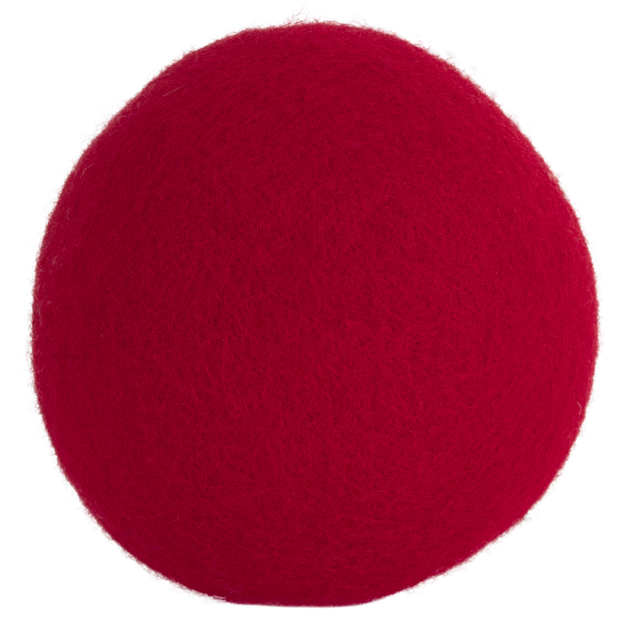 A bright red, textured JW Wool-ee Ball by Jw, resembling a fabric-covered sphere, is centered against a plain white background. This biodegradable toy doubles as an antimicrobial plaything, offering both fun and cleanliness.
