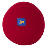 Introducing the JW Wool-ee Ball: A round, red textured toy with a central blue patch featuring jw in yellow. This biodegradable, antimicrobial toy is ideal for eco-conscious playtime, combining excitement with sustainability.