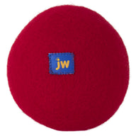 Introducing the JW Wool-ee Ball: A round, red textured toy with a central blue patch featuring jw in yellow. This biodegradable, antimicrobial toy is ideal for eco-conscious playtime, combining excitement with sustainability.