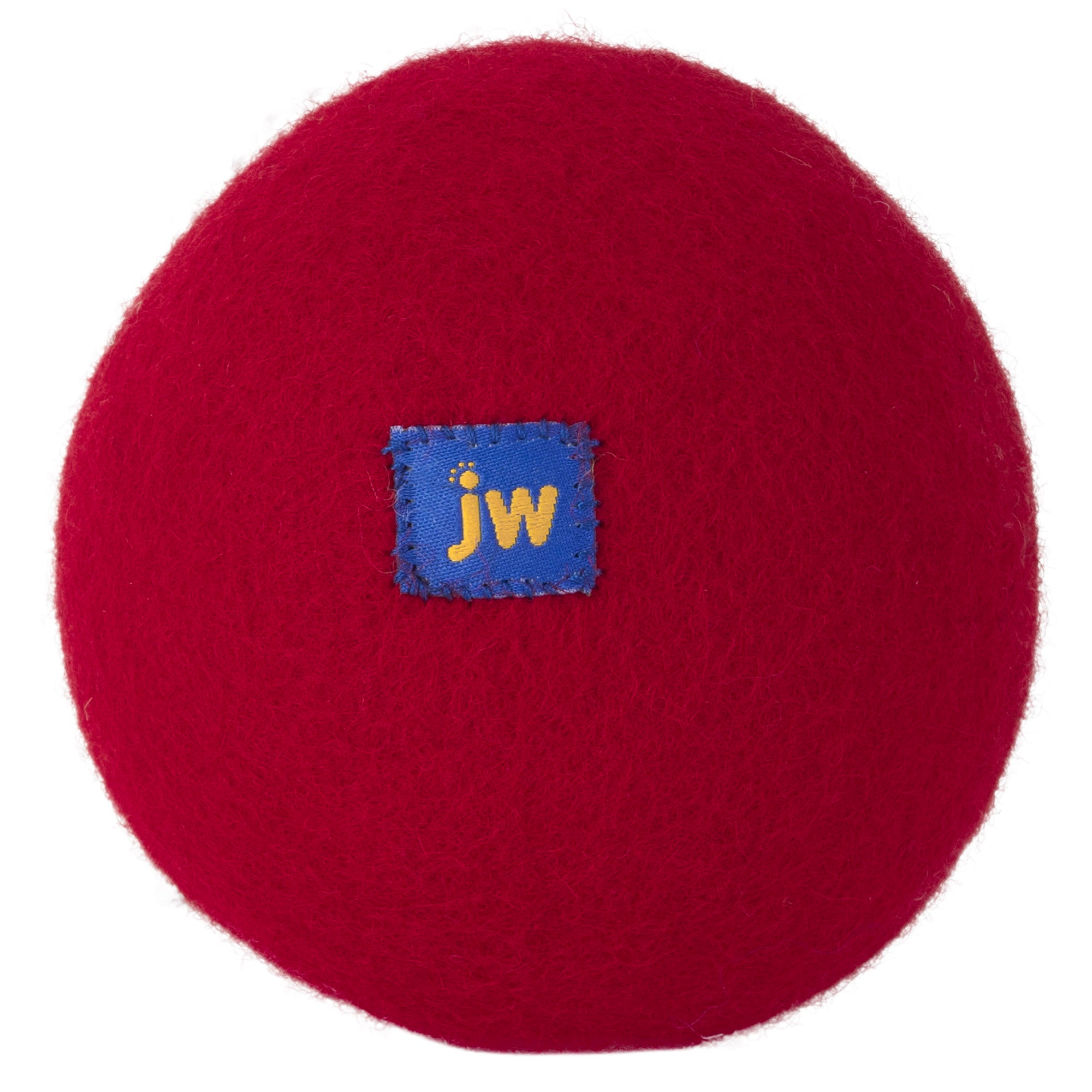 Introducing the JW Wool-ee Ball: A round, red textured toy with a central blue patch featuring jw in yellow. This biodegradable, antimicrobial toy is ideal for eco-conscious playtime, combining excitement with sustainability.