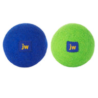 Two textured balls on a white background: the left is a blue JW Wool-ee Ball with a small yellow Jw logo, and the right is green with the same logo.