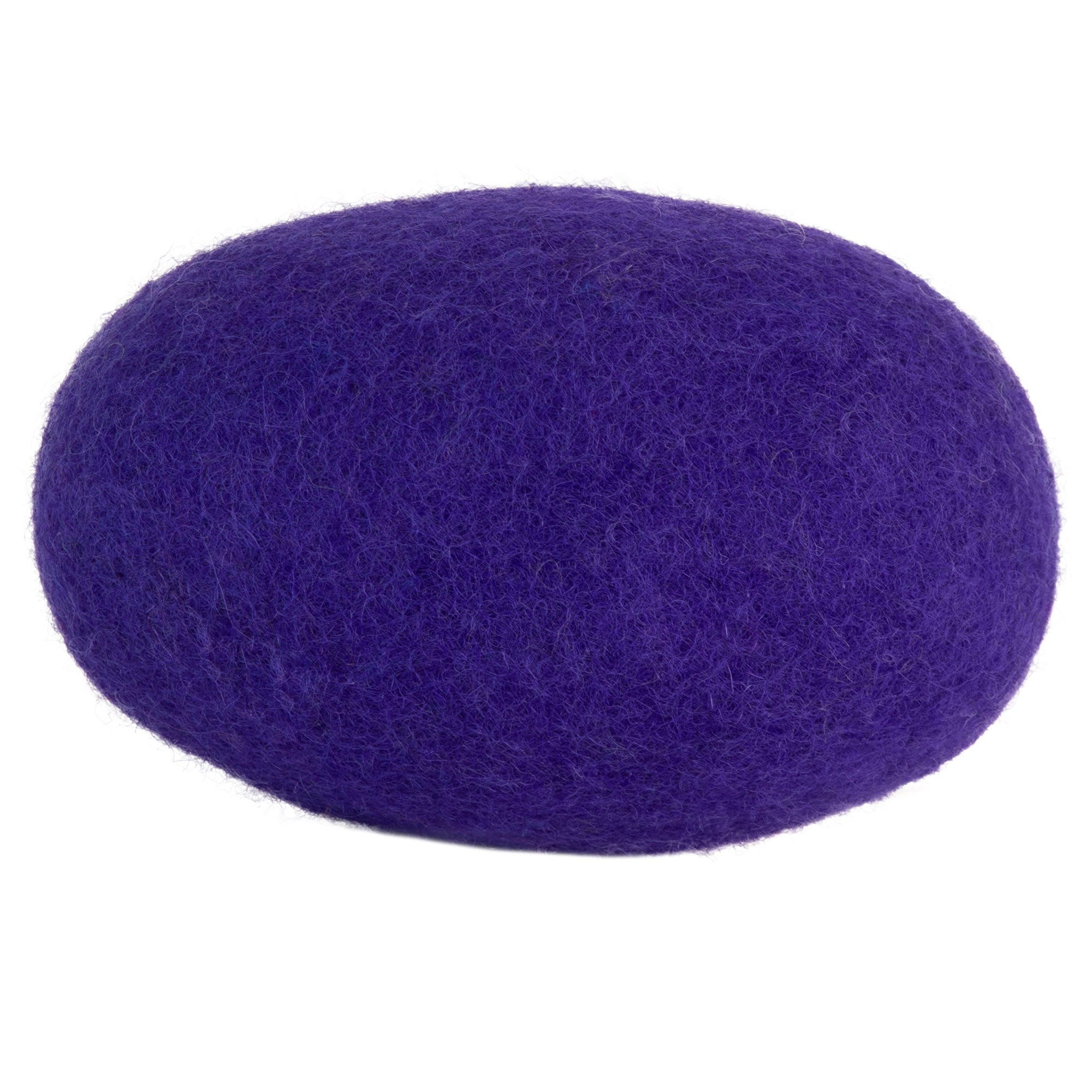 An oval purple felt pillow, resembling the JW Wool-ee Football, sits on a white background. Its fuzzy texture and vibrant color create a soft and inviting look while featuring antimicrobial properties for enhanced freshness.