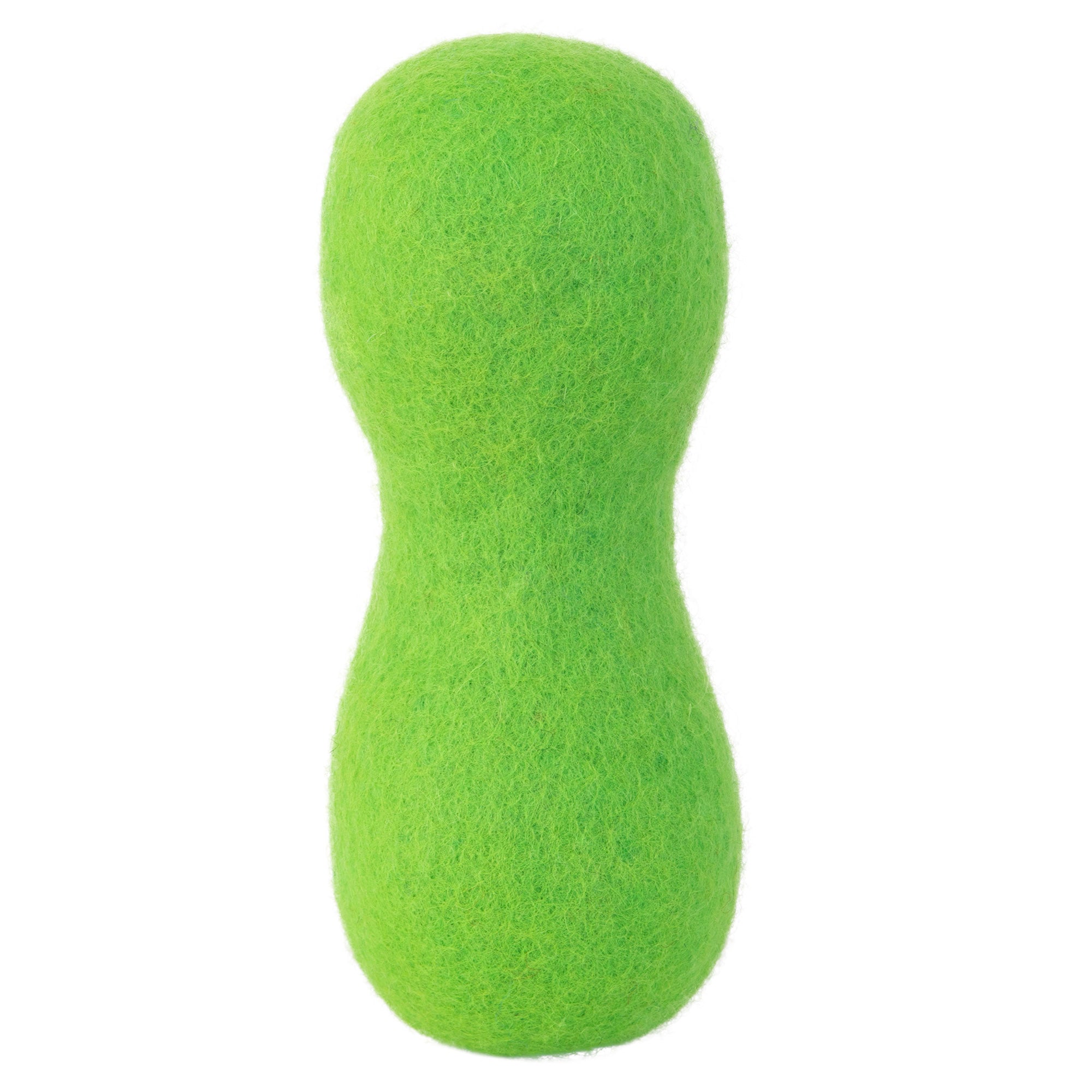 A bright green, hourglass-shaped foam item with a textured surface, resembling a JW Wool-ee Bone by Jw brand dog toy, is displayed against a white background.