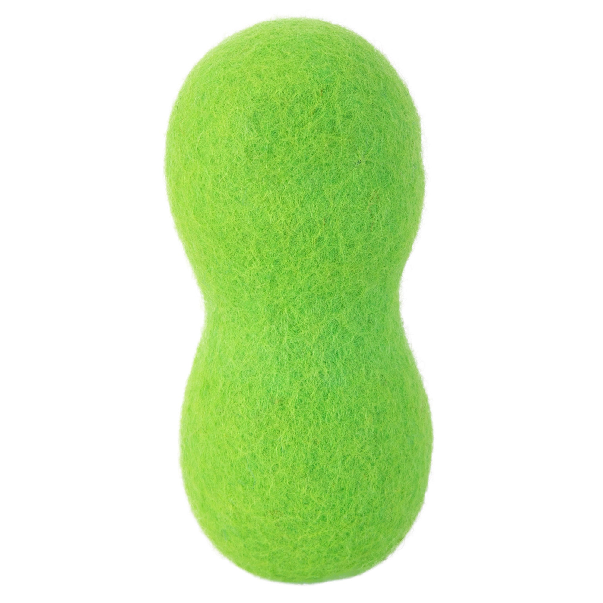 The JW Wool-ee Bone by Jw is a bright green, peanut-shaped dog toy, featuring tennis ball-like fuzziness. Eco-conscious pet owners will appreciate its biodegradable design that combines fun with environmental care.