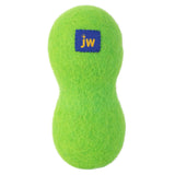 The JW Wool-ee Bone, a peanut-shaped green dog toy, features a fuzzy texture with a blue patch and yellow jw lettering. Designed as an antimicrobial toy, it ensures your dogs playtime is fun and hygienic.