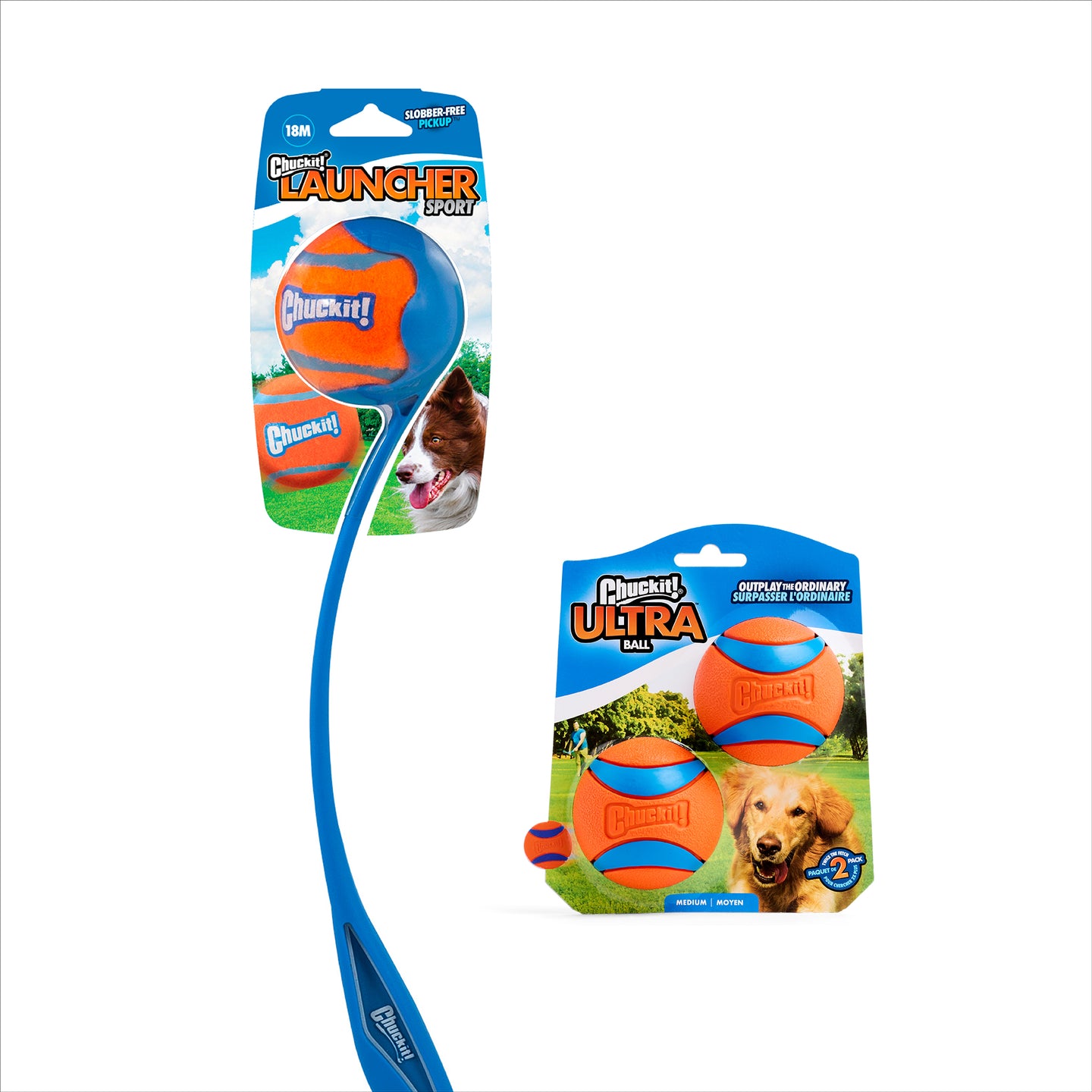 The Petmate Chuckit! Sport 18M Launcher with Ultra Ball Medium 3 Pack features a blue launcher and three orange Ultra Balls, all in branded packaging with dog images.