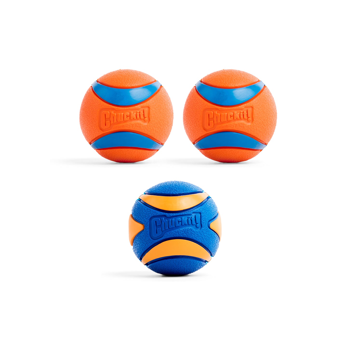 Three Petmate Chuckit! Ultra Ball & Ultra Squeaker Medium balls are displayed on a white background: two orange with blue curved trim and logo, and one featuring a textured surface in bright blue and orange.