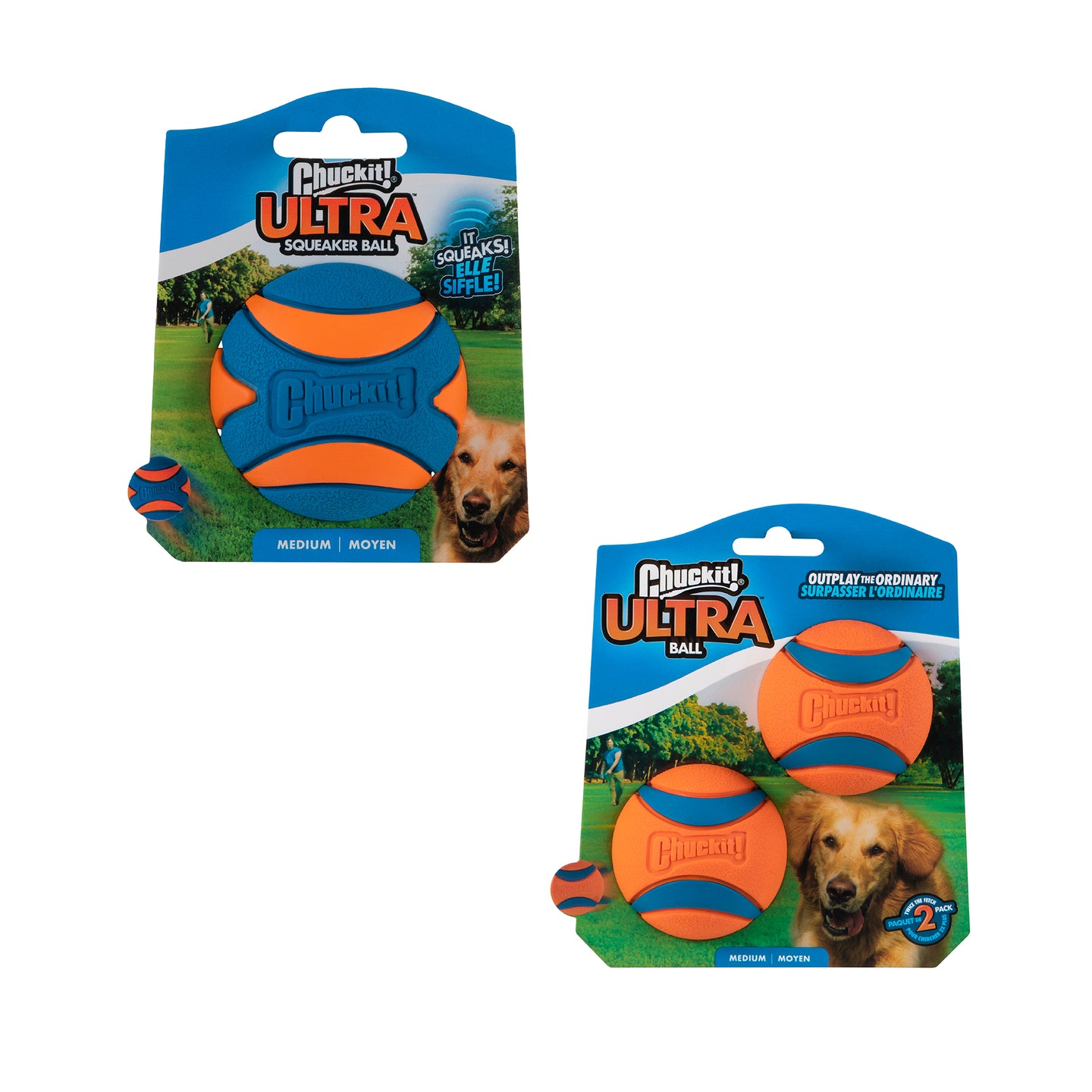 Petmate’s Chuckit! Ultra Ball & Ultra Squeaker Medium Assorted 3 Pack features bright orange and blue balls in one package, with a golden retriever pictured on the packaging.