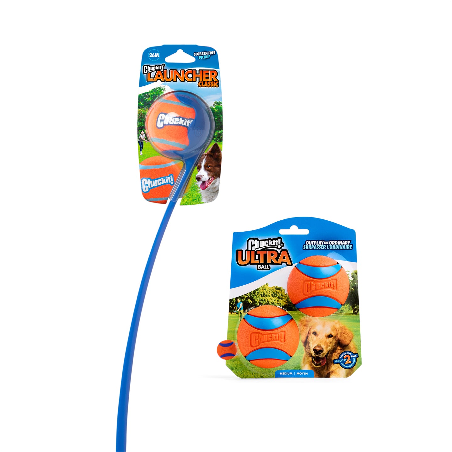 The Petmate Chuckit! Classic 26M Launcher with Ultra Ball Medium 3 Pack includes a launcher and three high-quality balls—perfect fetch toys—all in packaging featuring a happy dog.