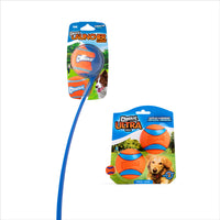 The Petmate Chuckit! Classic 26M Launcher with Ultra Ball Medium 3 Pack includes a launcher and three high-quality balls—perfect fetch toys—all in packaging featuring a happy dog.