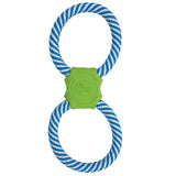 The JW Giggle Tug Dog Toy by Jw is a figure-eight shaped tug-of-war toy featuring two blue and white striped rope loops with a green rubber center, ideal for dog playtime.