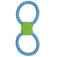 The JW Giggle Tug Dog Toy by Jw is a figure-eight shaped tug-of-war toy featuring two blue and white striped rope loops with a green rubber center, ideal for dog playtime.