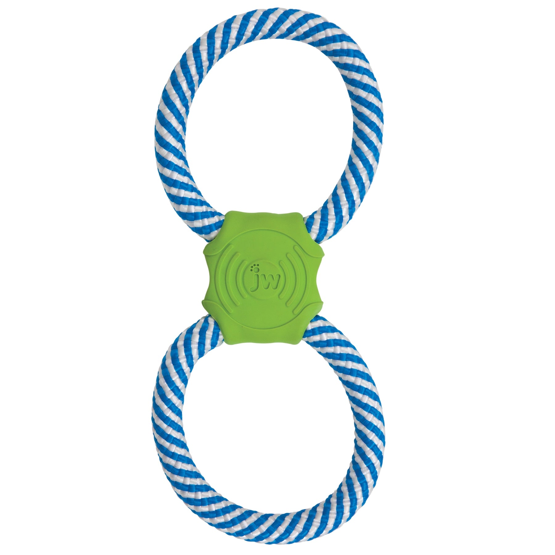 The JW Giggle Tug Dog Toy by Jw is a figure-eight shaped tug-of-war toy featuring two blue and white striped rope loops with a green rubber center, ideal for dog playtime.