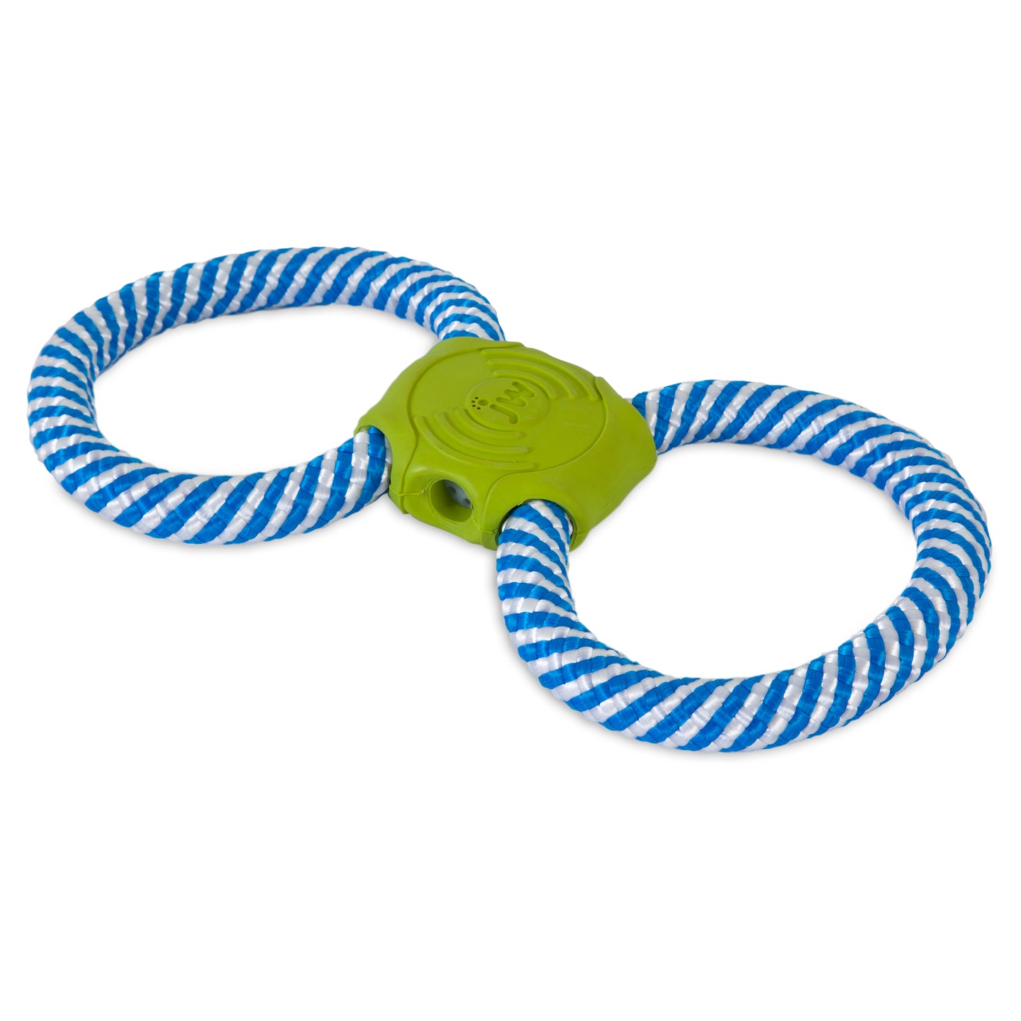 The JW Giggle Tug Dog Toy by Jw boasts two blue and white striped rope loops joined by a central green plastic hub, making it perfect for exciting tug-of-war games that your furry friend will adore.