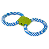 The JW Giggle Tug Dog Toy by Jw boasts two blue and white striped rope loops joined by a central green plastic hub, making it perfect for exciting tug-of-war games that your furry friend will adore.