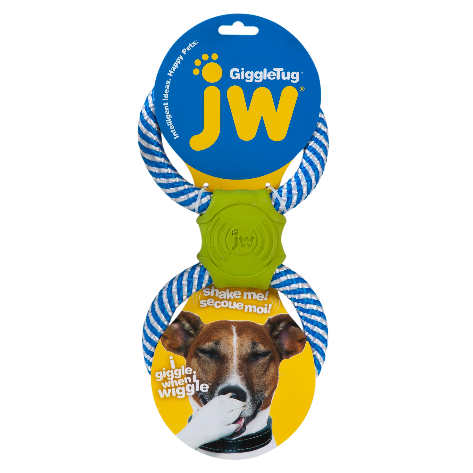 The JW Giggle Tug Dog Toy by Jw is perfect for tug-of-war play. It has blue and white rope handles, a green rubber center, and giggles when wiggled. The vibrant packaging features a playful dog and the phrase Shake me! giggle when I wiggle in bright blue and yellow.