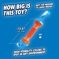 Image of the Chuckit! Rugged Bumper Dog Toy by Chuckit in orange and blue with text How big is this toy? and size 13.5 (34.3 cm). Designed for medium to large breeds, it features high-visibility colors, floats, and has a rugged design perfect for fetching.
