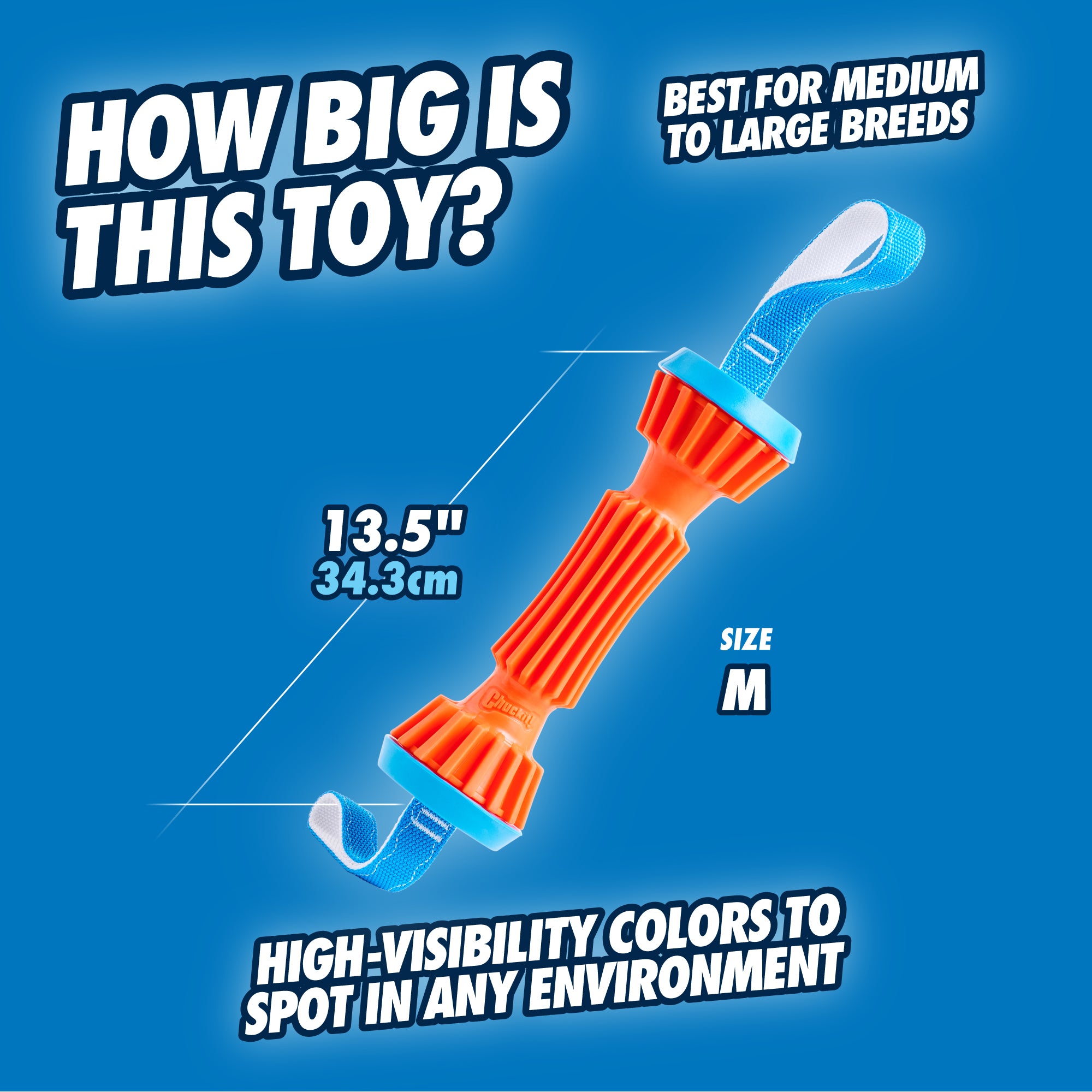 Image of the Chuckit! Rugged Bumper Dog Toy by Chuckit in orange and blue with text How big is this toy? and size 13.5 (34.3 cm). Designed for medium to large breeds, it features high-visibility colors, floats, and has a rugged design perfect for fetching.