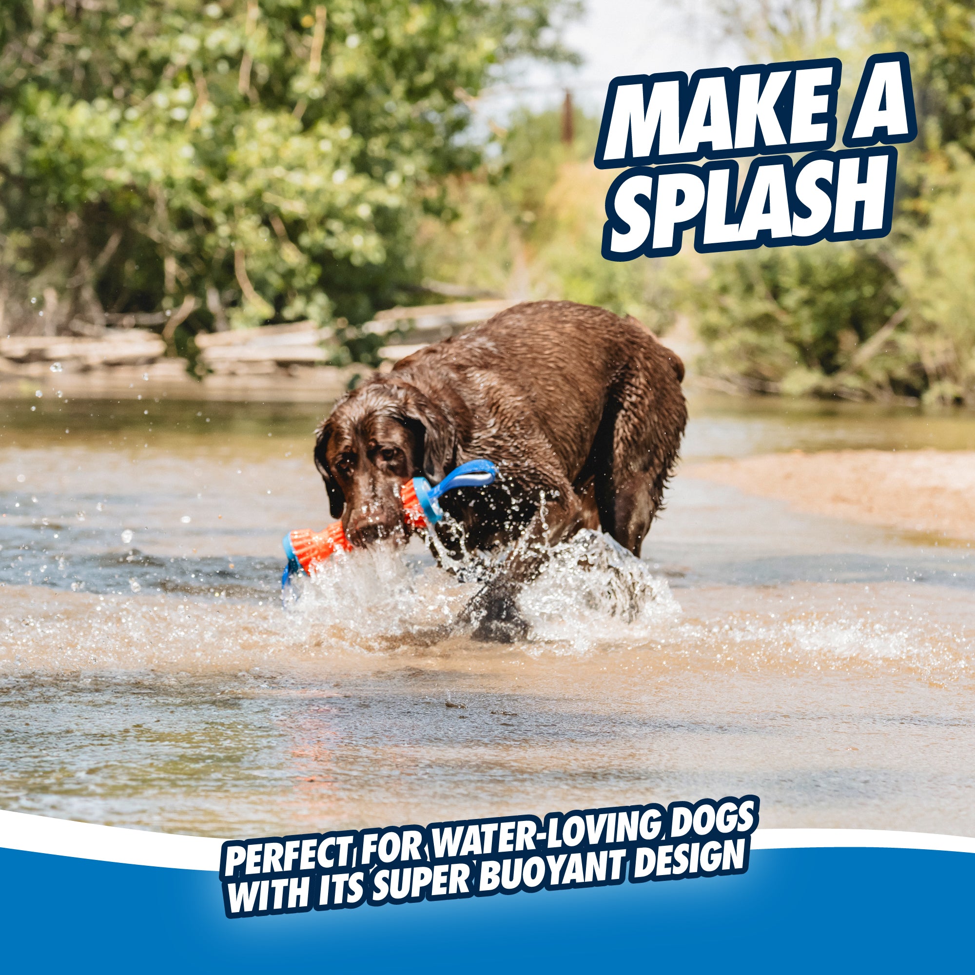 A brown dog splashes by the shore, carrying a Chuckit! Rugged Bumper Dog Toy. The toy floats effortlessly with MAKE A SPLASH on it, perfect for water-loving dogs thanks to its super buoyant design, amidst trees and sand.