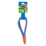 The Chuckit! Mountain Rope Tug by Chuckit is a durable toy with a blue and white poly-rope, TPR connectors, and an orange handle. The packaging shows a happy dog running through grass under a blue sky.
