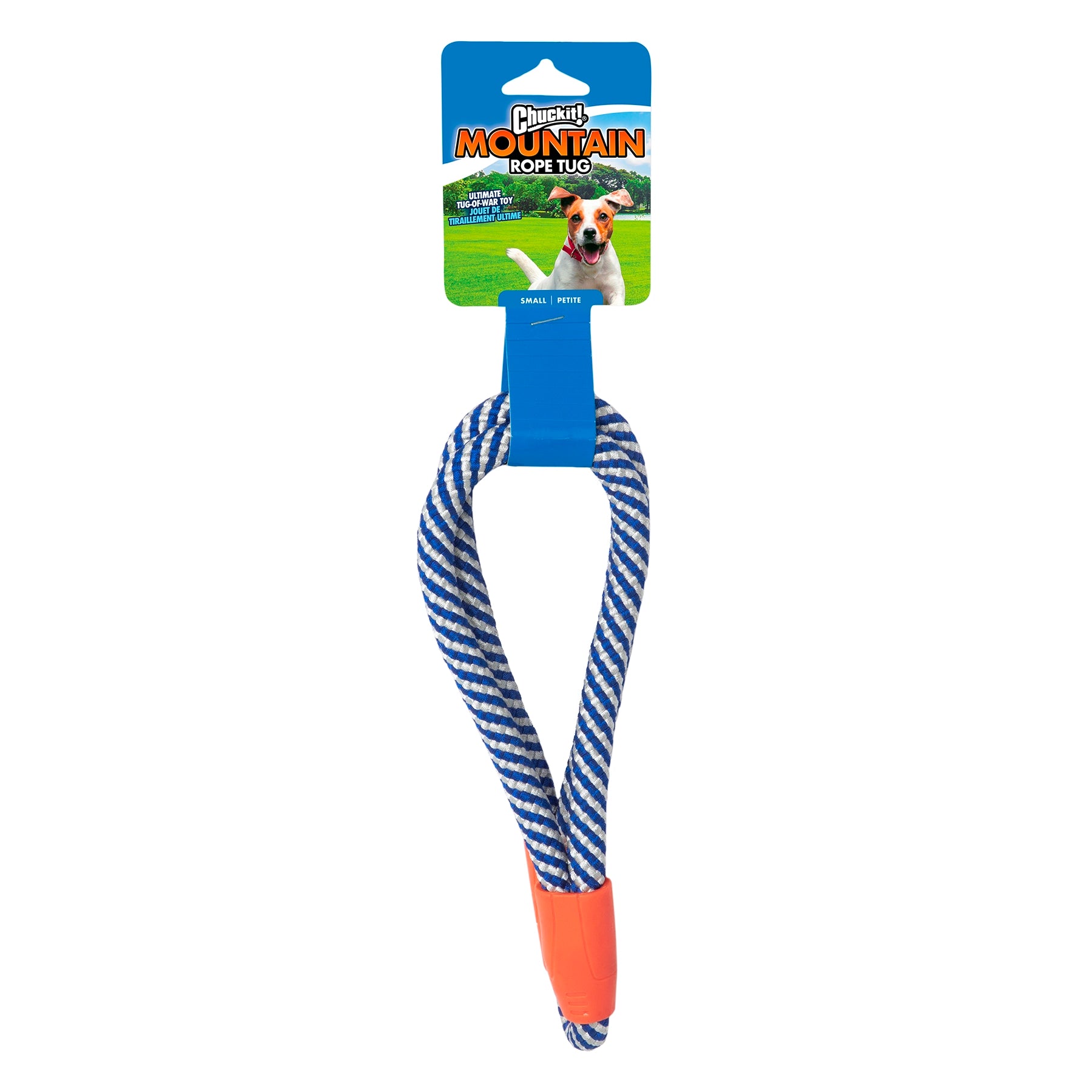 The Chuckit! Mountain Rope Tug by Chuckit is a durable toy with a blue and white poly-rope, TPR connectors, and an orange handle. The packaging shows a happy dog running through grass under a blue sky.