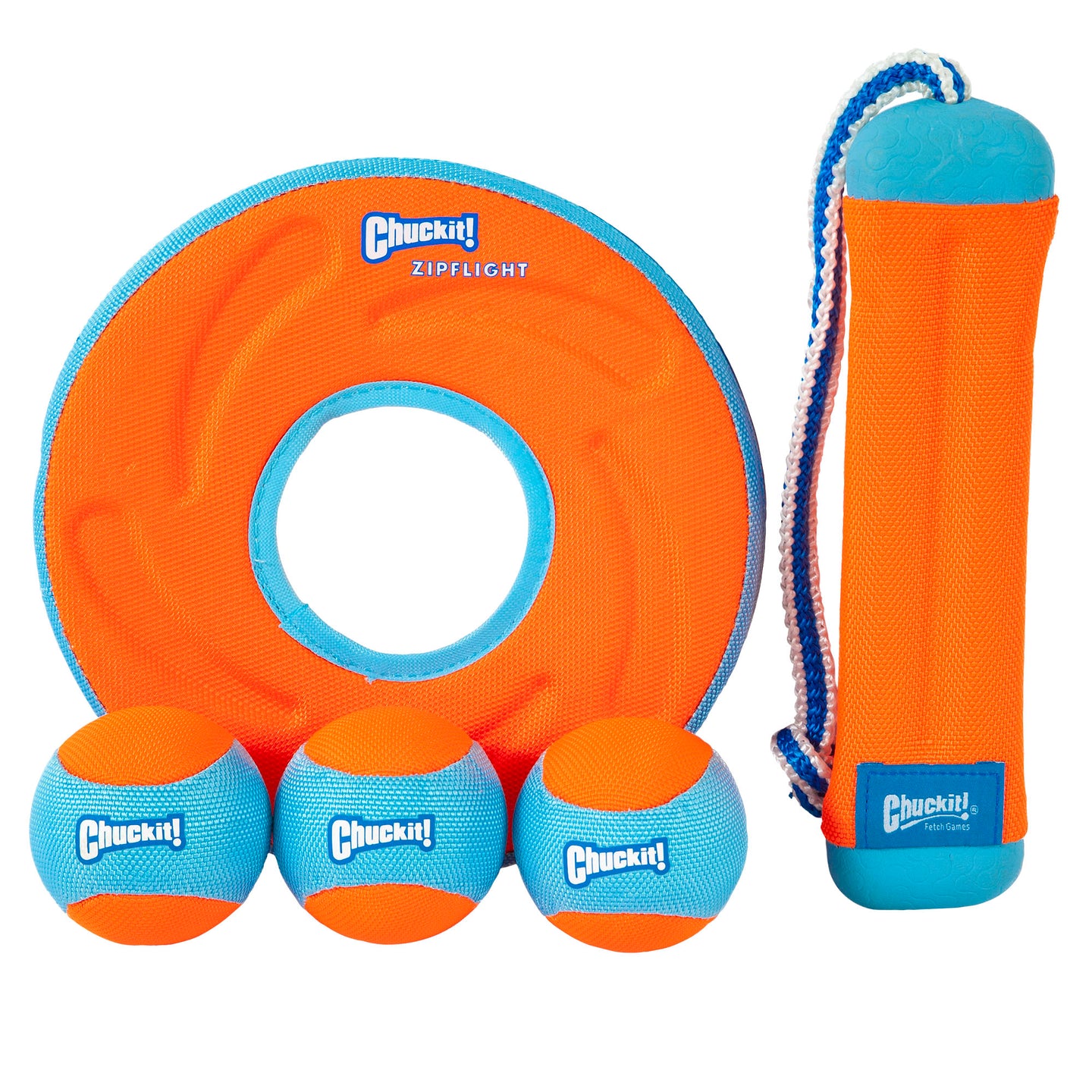 The Chuckit! Amphibious Fetch Value Pack by Chuckit includes three vibrant orange and blue balls, a flying disc, and a tug toy with a handle. Each piece is perfect for water play and features the iconic Chuckit! logo.