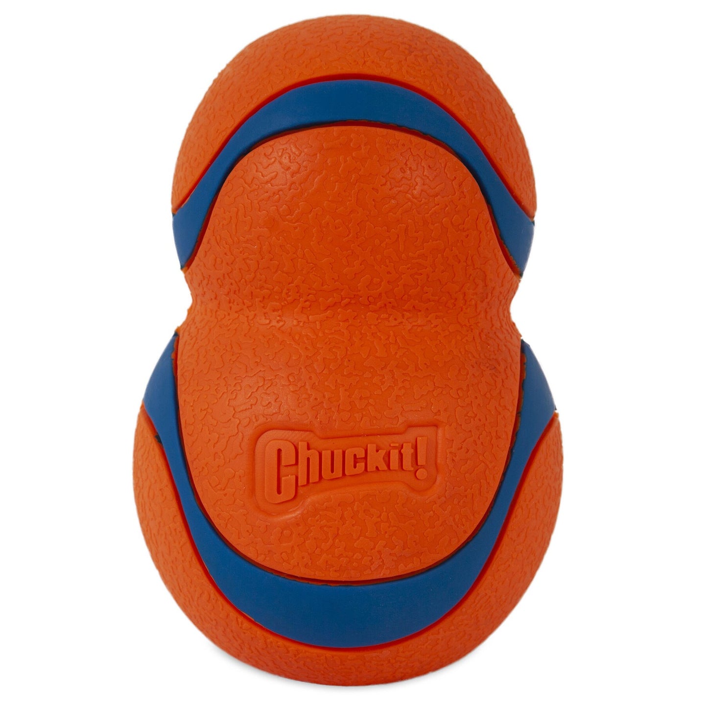 The Chuckit! Ultra Tumbler Dog Fetch Toy is an hourglass-shaped, orange fetch toy with blue accents. Made from durable rubber, its textured pattern ensures a good grip. The front prominently displays the Chuckit brand name for authenticity and style.