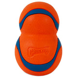 The Chuckit! Sport Launcher & Fetch Toy Set includes an orange, textured dog toy featuring a figure-eight design with blue bands. Chuckit! is embossed on it, and its compatible with the hands-free pickup feature of the Chuckit! Sport Launcher.