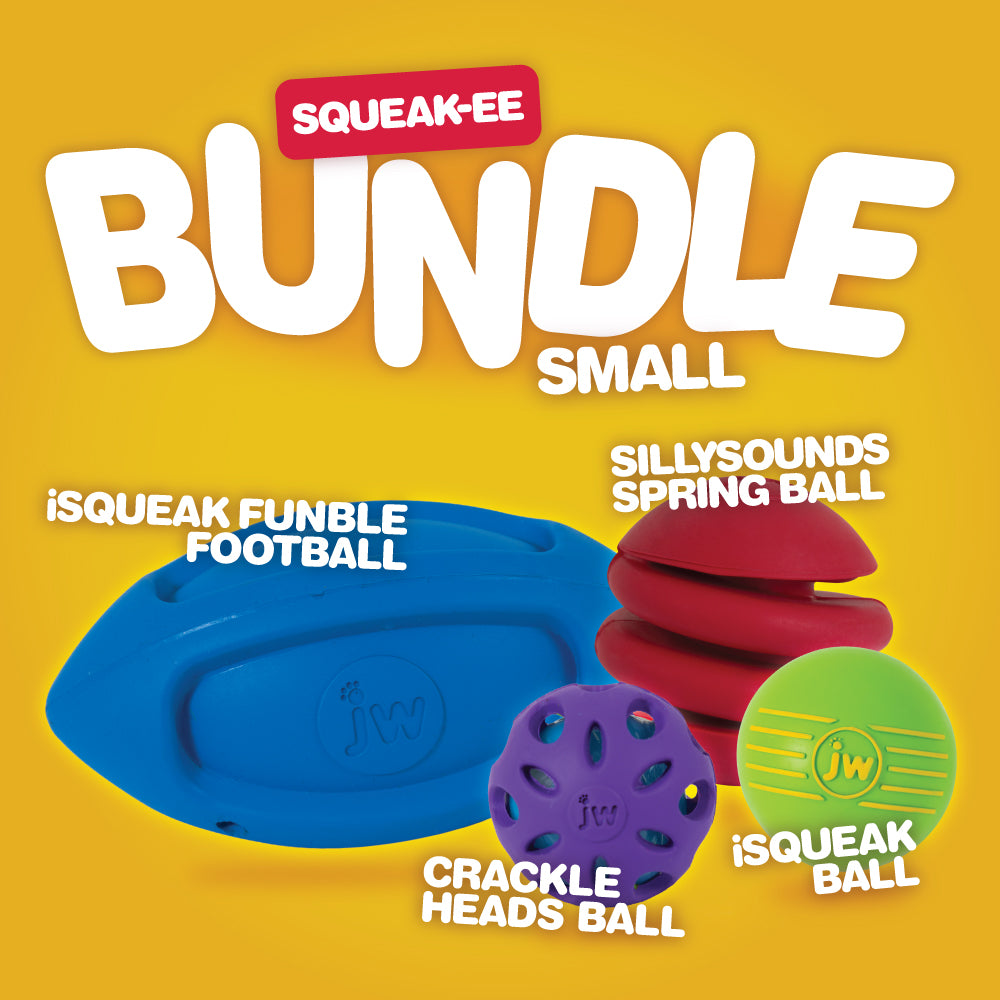 Check out the JW Squeak-ee Dog Toy Bundle by Jw, featuring three vibrant toys: a blue iSqueak Funble Football, a pink and red SillySounds Spring Ball, and a purple Crackle Heads Ball with green patterns. Perfect for squeaky toy enthusiasts!.