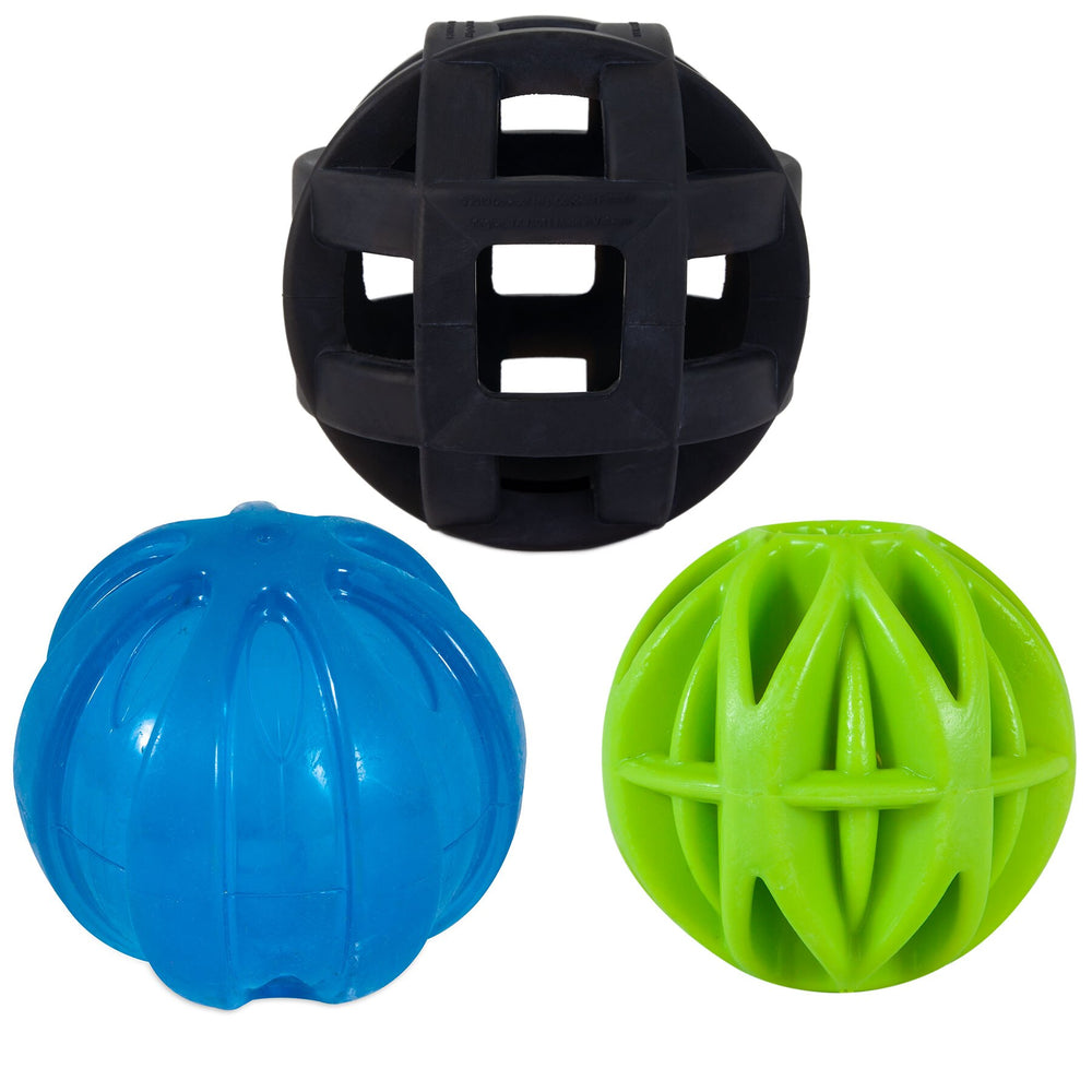 Explore the JW Chew-ee Dog Toy Trio by Jw, featuring a black ball with a grid pattern, a blue ball with vertical grooves, and a green crisscross-designed ball. Each unique texture and shape ensures endless fun while supporting dental health for your dog.