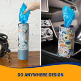 A hand pulls a blue fresh-scent waste bag from the Arm & Hammer Gotta Go Waste Bag Dispenser by Arm And Hammer on a table; the same dispenser is also pictured in a car’s cup holder. Text at bottom reads: GO ANYWHERE DESIGN.