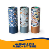 Three rolled pet mats with colorful dog and cat patterns stand upright, featuring solid blue, teal, and brown bases. Pair perfectly with your Arm & Hammer Gotta Go Waste Bag Dispenser for easy cleanup and odor control. Text below reads "Available in 3 fashion patterns" on a white and orange background.