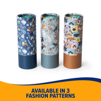 Three rolled pet mats with colorful dog and cat patterns stand upright, featuring solid blue, teal, and brown bases. Pair perfectly with your Arm & Hammer Gotta Go Waste Bag Dispenser for easy cleanup and odor control. Text below reads "Available in 3 fashion patterns" on a white and orange background.