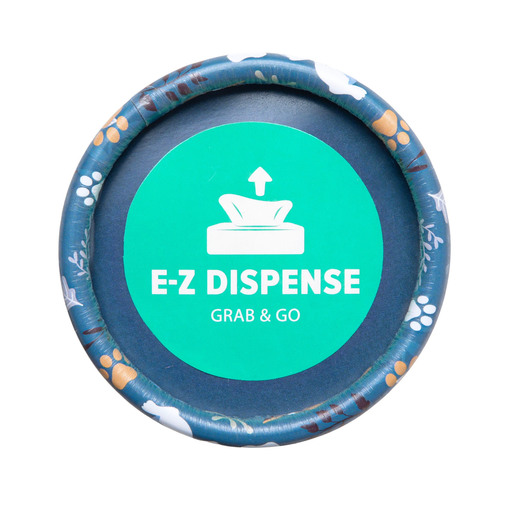 The Arm & Hammer Gotta Go Waste Bag Dispenser by Arm And Hammer features a round lid with a teal label displaying a napkin icon alongside the words “E-Z DISPENSE” and “GRAB & GO.” Its edge is decorated with a blue animal paw print pattern, making it ideal for carrying fresh-scented waste bags that provide effective odor control.