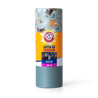 The Arm And Hammer Gotta Go Waste Bag Dispenser features a package with animal illustrations at the top, an orange label in the center, and a blue base, and includes 150 fresh-scent waste bags for effective odor control.