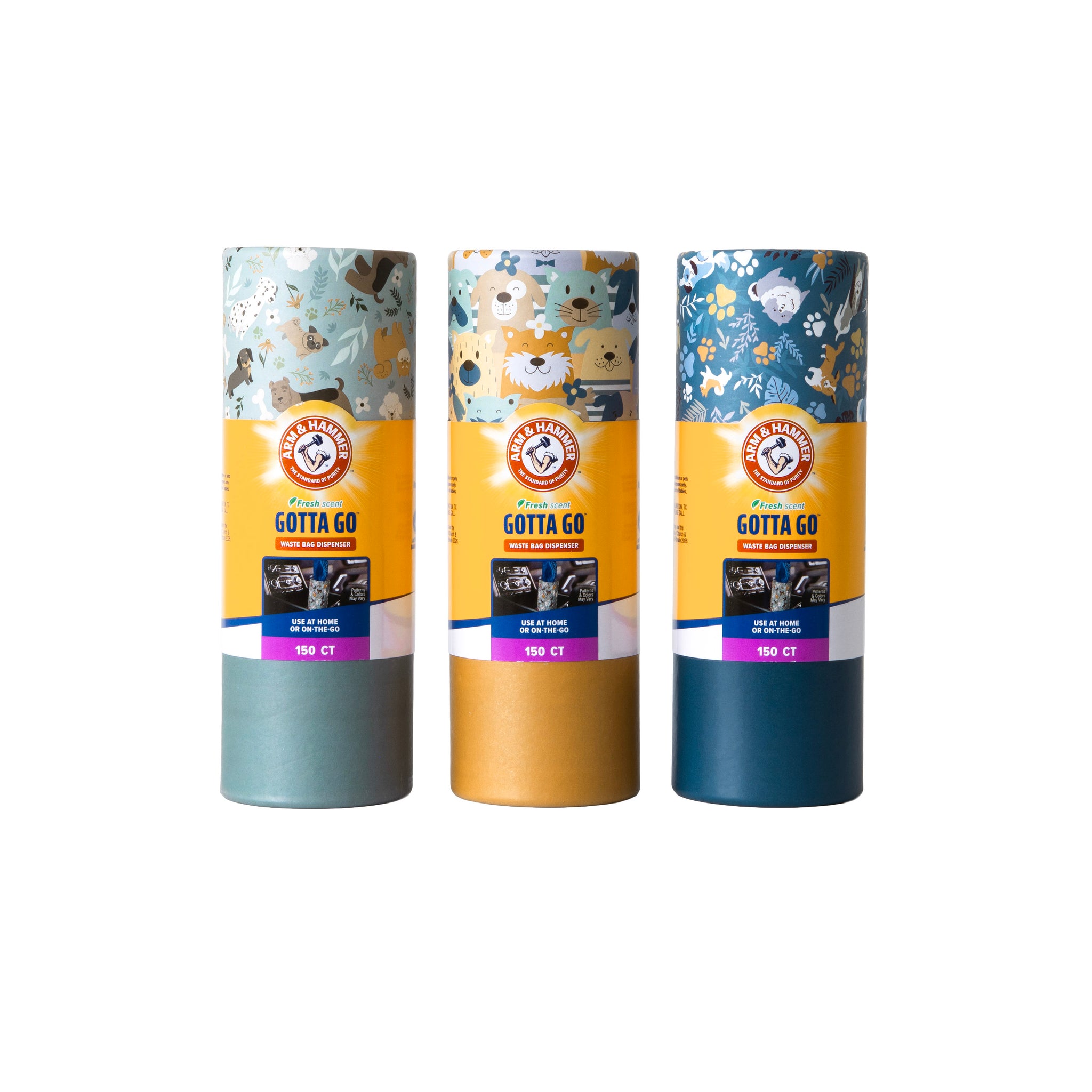 Three rolls of Arm And Hammer Gotta Go Waste Bag Dispenser waste bags, featuring fresh-scented odor control and colorful animal-themed packaging, are displayed upright against a white background to ensure reliable clean-up for your pet.