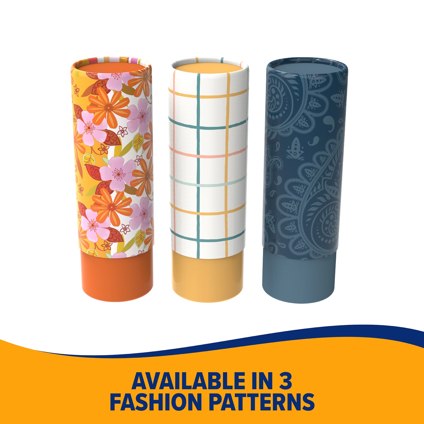 Three Arm & Hammer® Gotta Go Bags dispensers—orange with pink flowers, white with colorful grid lines, and dark blue paisley—offer odor control in portable style. Choose from 3 fashion patterns by Arm And Hammer.