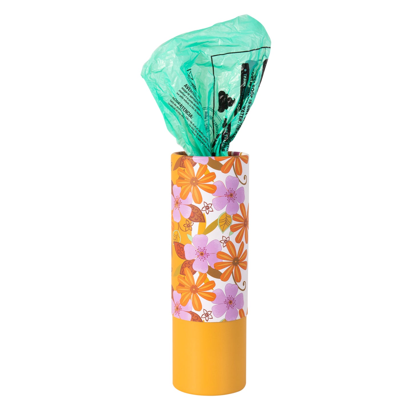 The Arm & Hammer® Gotta Go Bags by Arm And Hammer is a decorative cylindrical dispenser with orange and pink flowers, holding green plastic waste bags that dispense from the top.