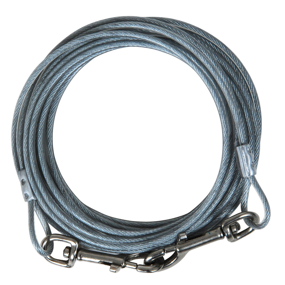 The Aspen Pet Heavy Duty Tie-Out Cable by Aspen Pet is made from durable galvanized steel wire, includes hook clasps on each end, and is ideal for securing, towing, or use as a containment tie-out.