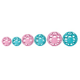 Six JW Hol-EE Roller Trend-EE puzzle balls line up, increasing in size left to right. They alternate colors, starting with light pink and teal. Crafted from natural rubber by Jw, their geometric lattice design ensures mental stimulation.
