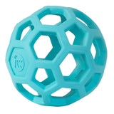 The JW Hol-EE Roller Trend-EE, a blue puzzle ball by Jw, features a honeycomb pattern with hexagonal cutouts for mental stimulation and is made from flexible natural rubber.