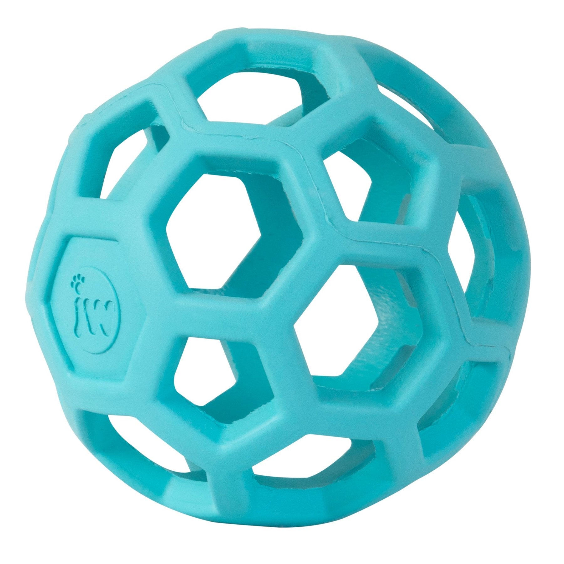 The JW Hol-EE Roller Trend-EE, a blue puzzle ball by Jw, features a honeycomb pattern with hexagonal cutouts for mental stimulation and is made from flexible natural rubber.