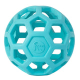 The JW Hol-EE Roller Trend-EE by Jw is a turquoise, hollow puzzle ball made from natural rubber with a geometric honeycomb design, offering excellent mental stimulation and featuring a jw logo with a small paw print logo in the center.